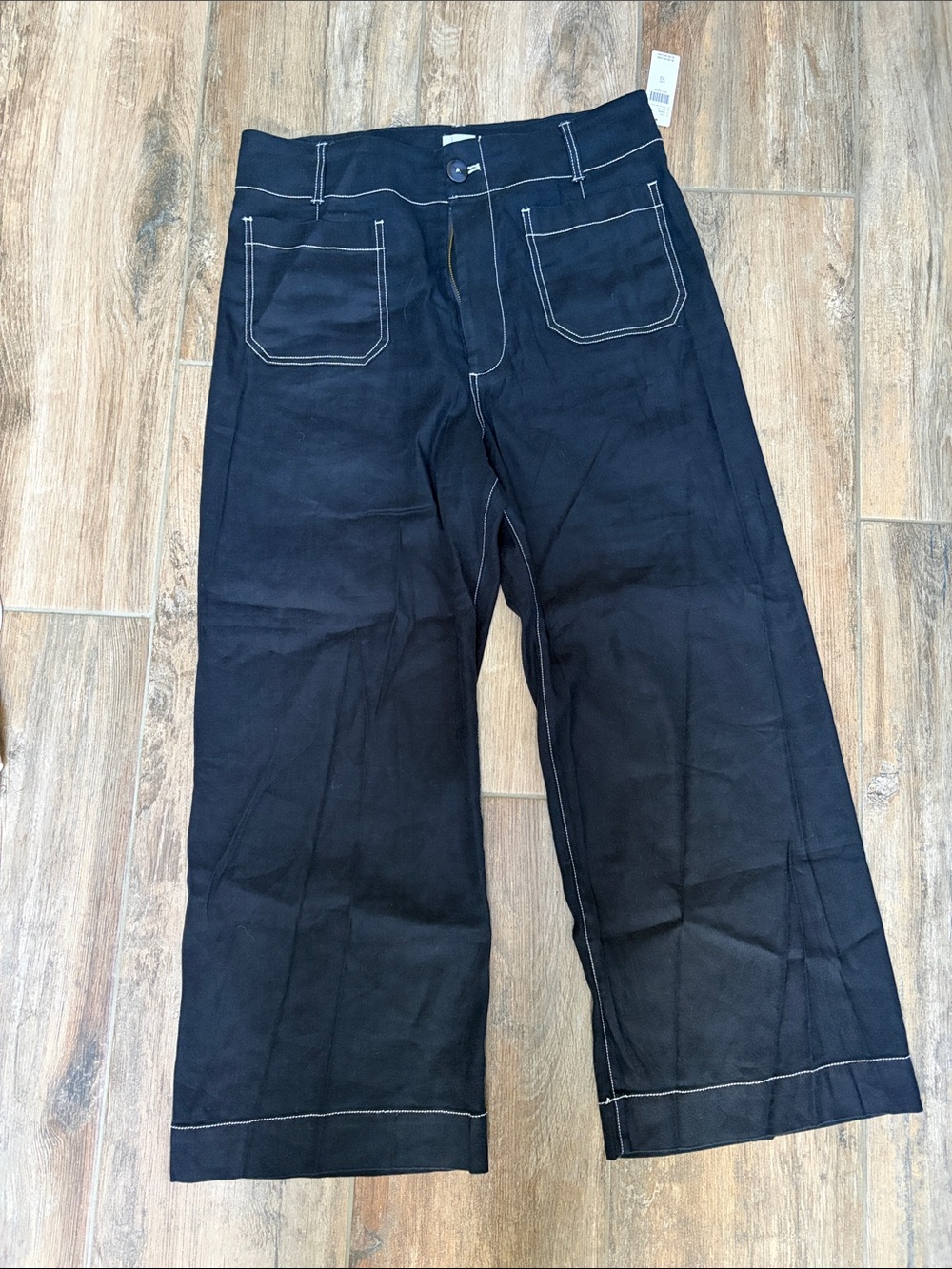 Maeve Colette Linen Navy Pants with White Topstitching